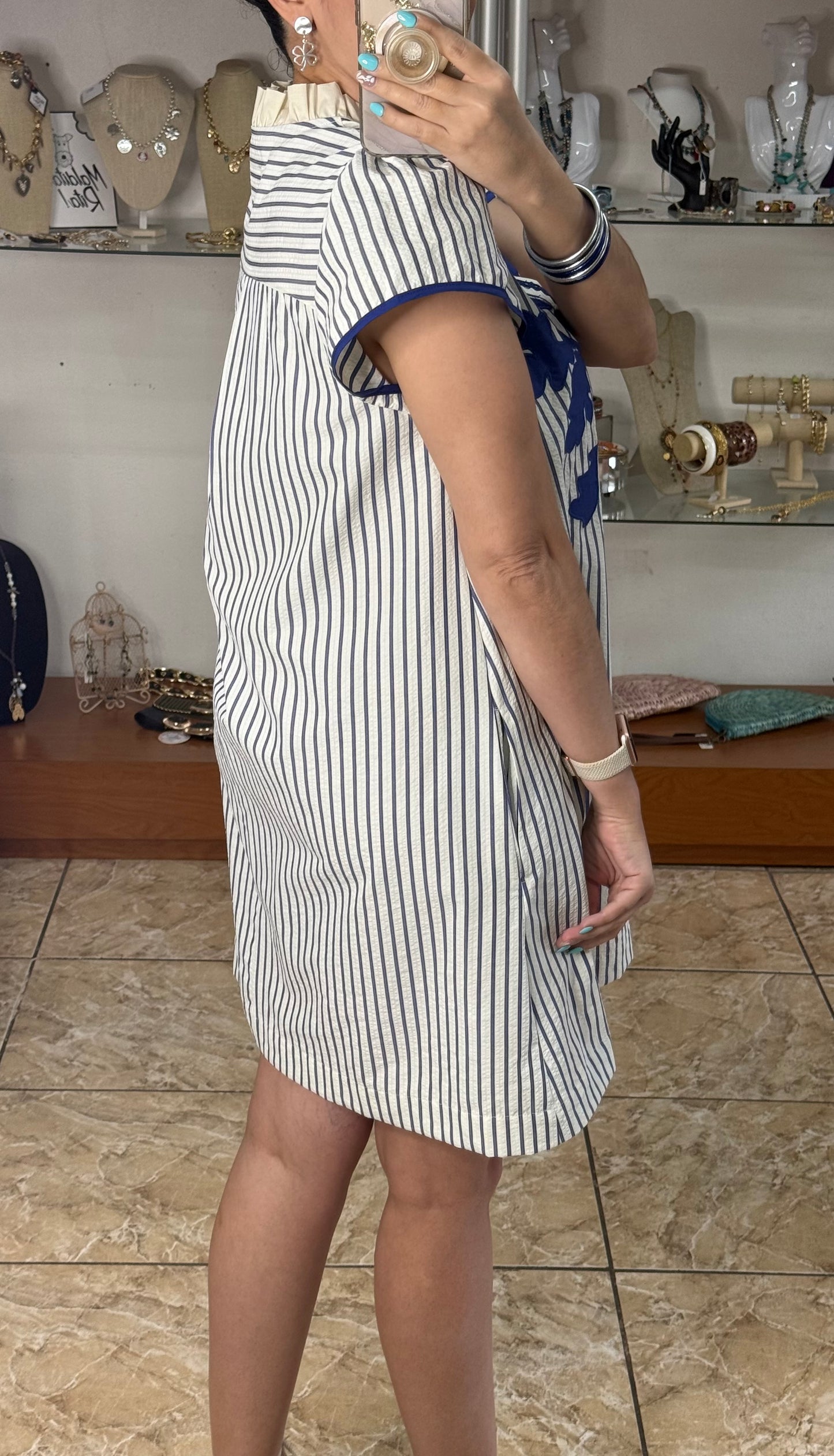 Blue Stripes Embroidered Short Dress