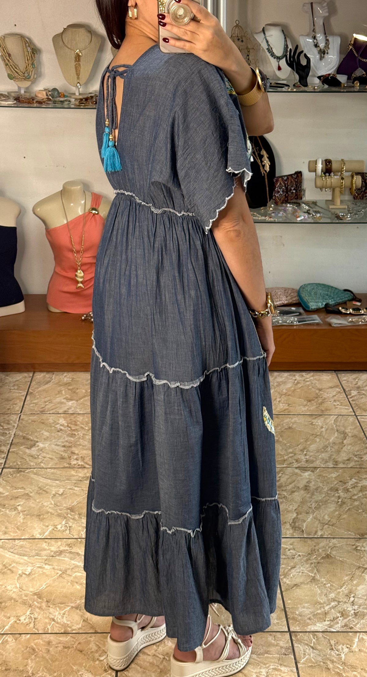 Embroidered Chambray Maxi Dress