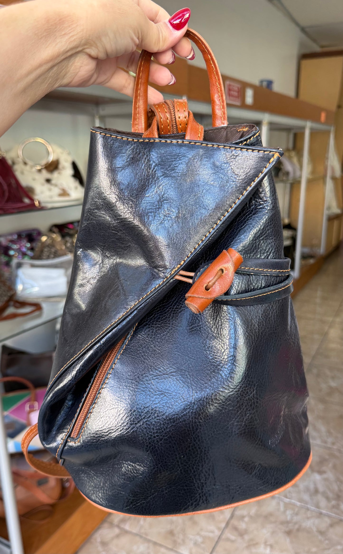 Navy/Brown Leather Backpack (FINAL SALE)