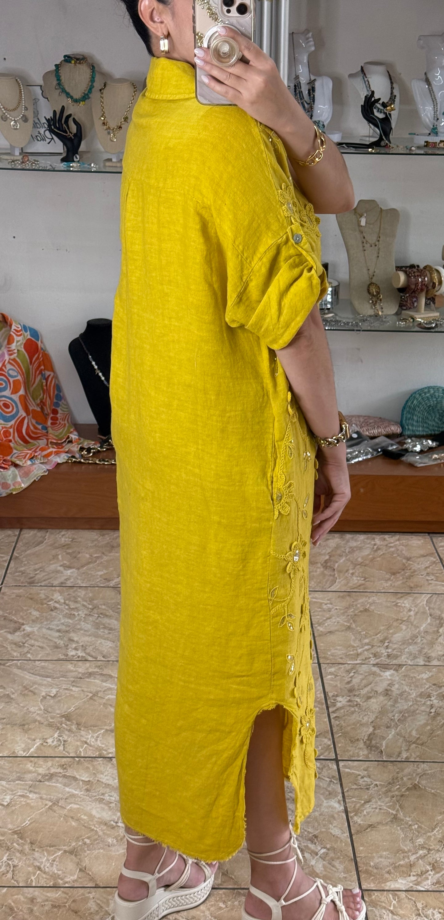 OS Embroidered/Sequins Linen Maxi Dress (NO RETURNS OR EXCHANGE)