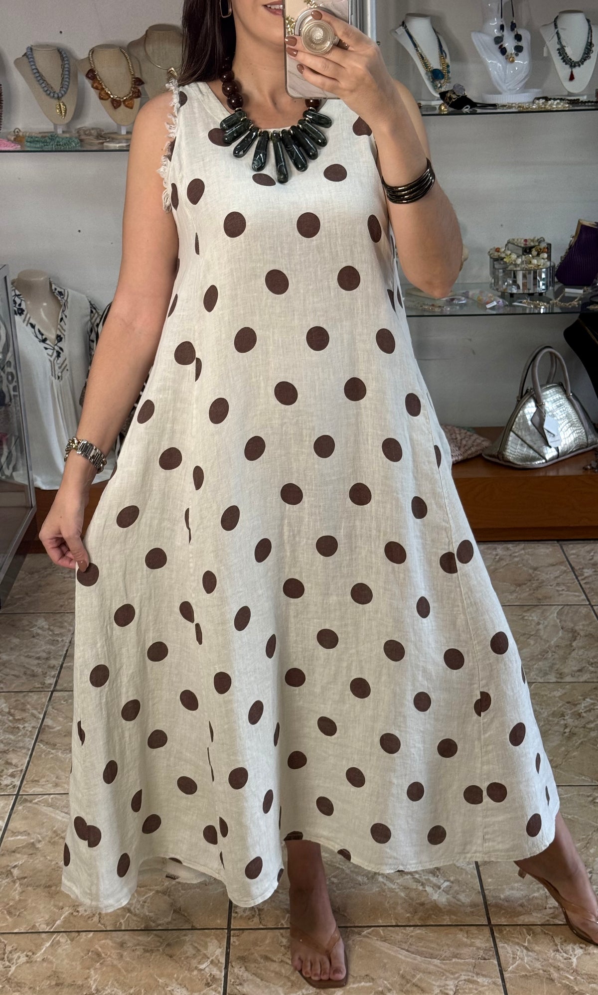 OS Linen Sleeveless Polka Dots Dress (NO RETURNS OR EXCHANGE)