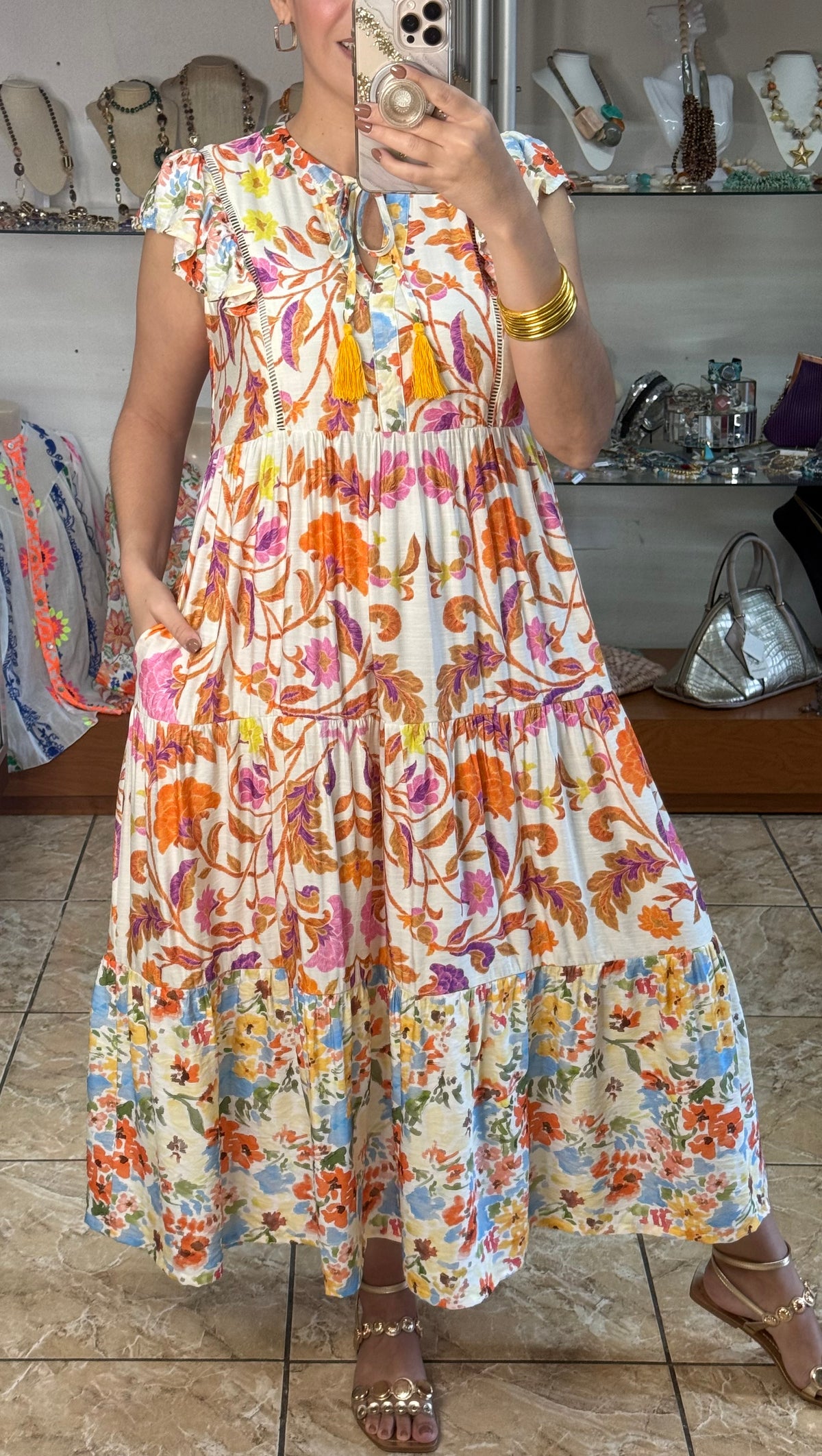 Orange Mix Floral Midi Dress