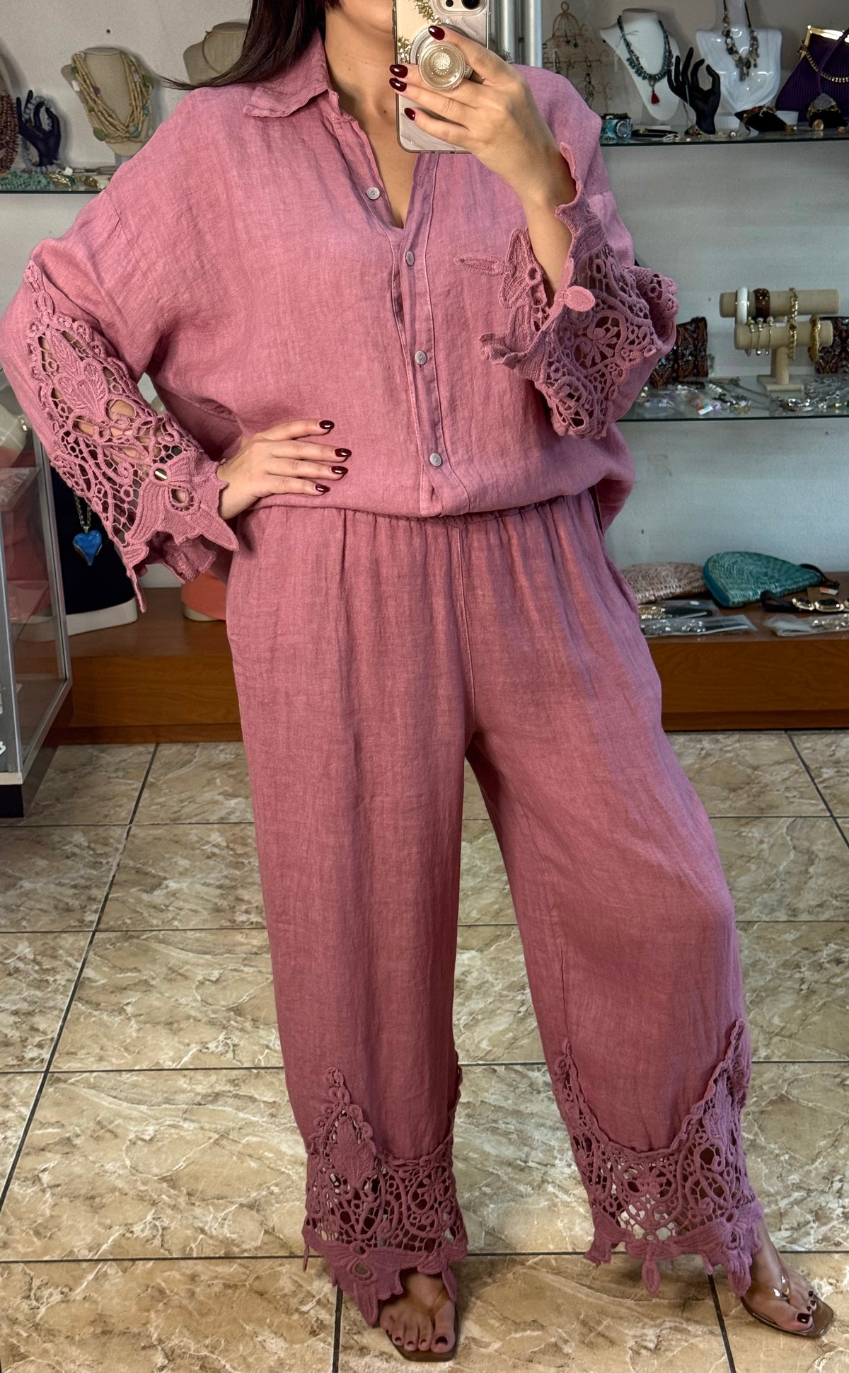 Aura Scalloped Lace/Linen Set (NO RETURNS OR EXCHANGE)