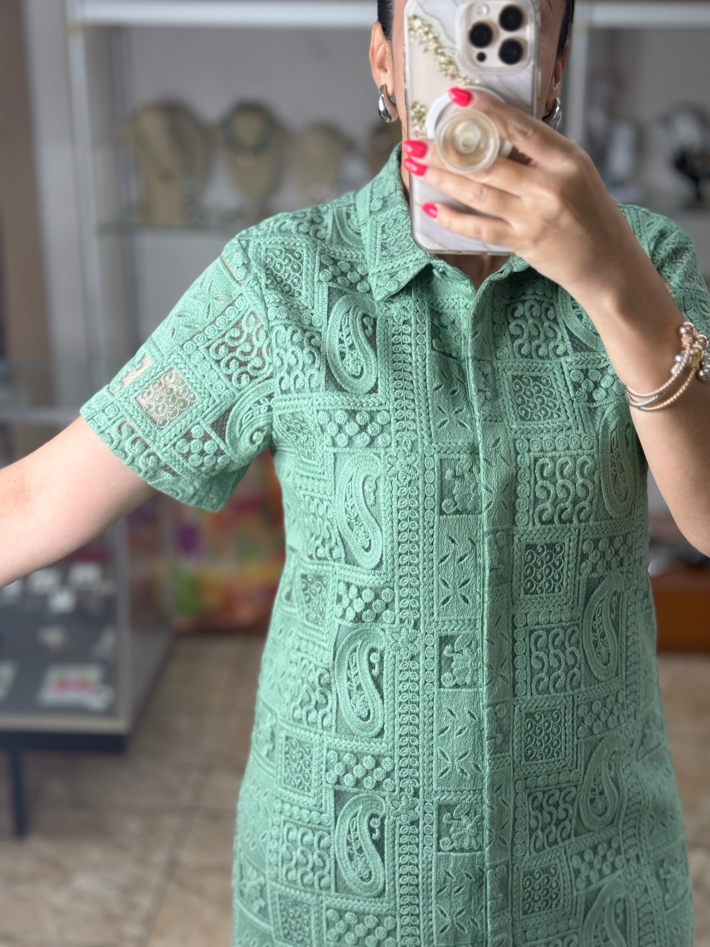 Sage Lace Button Down Dress