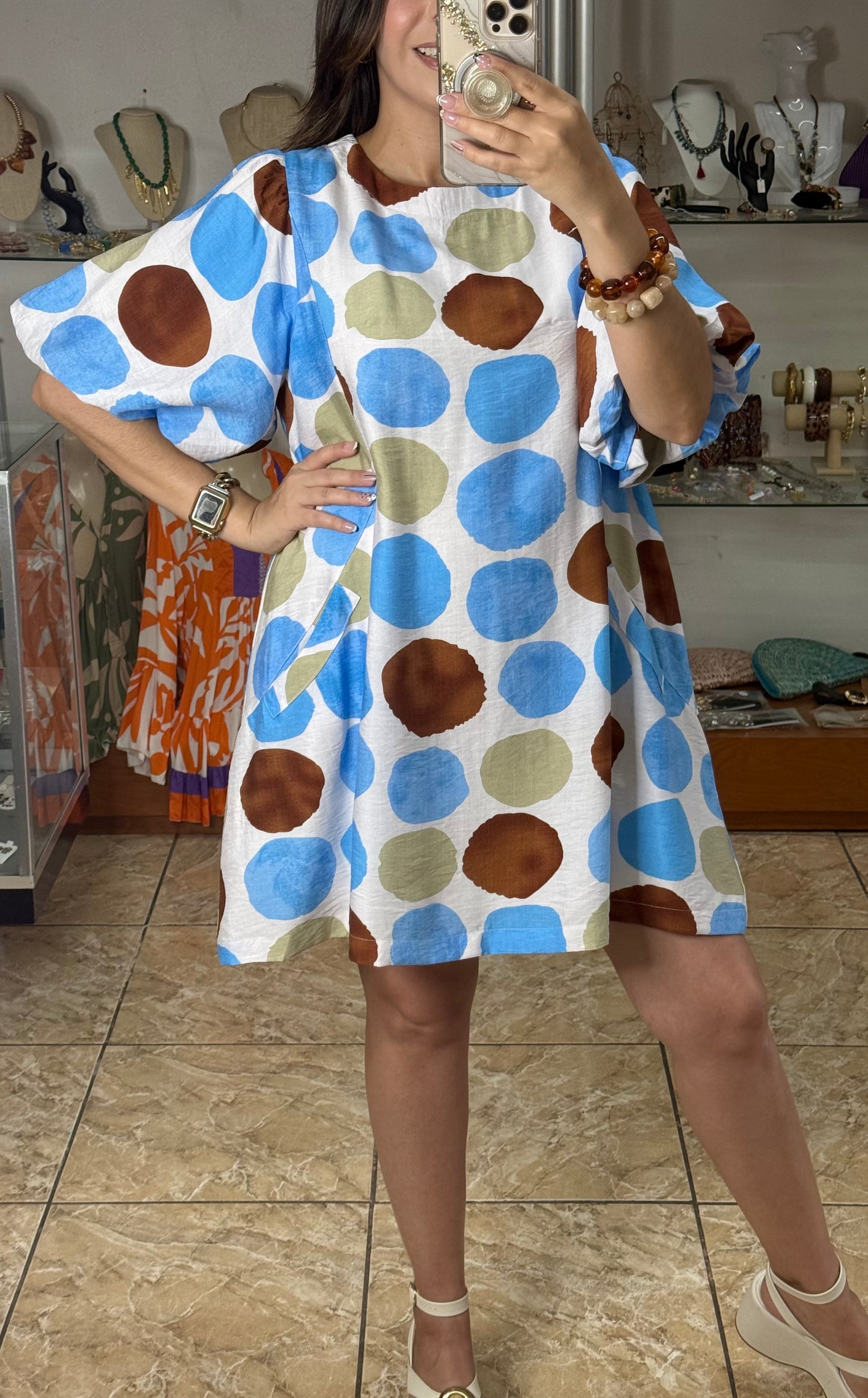 Blue Mix Polkadots Mini Dress