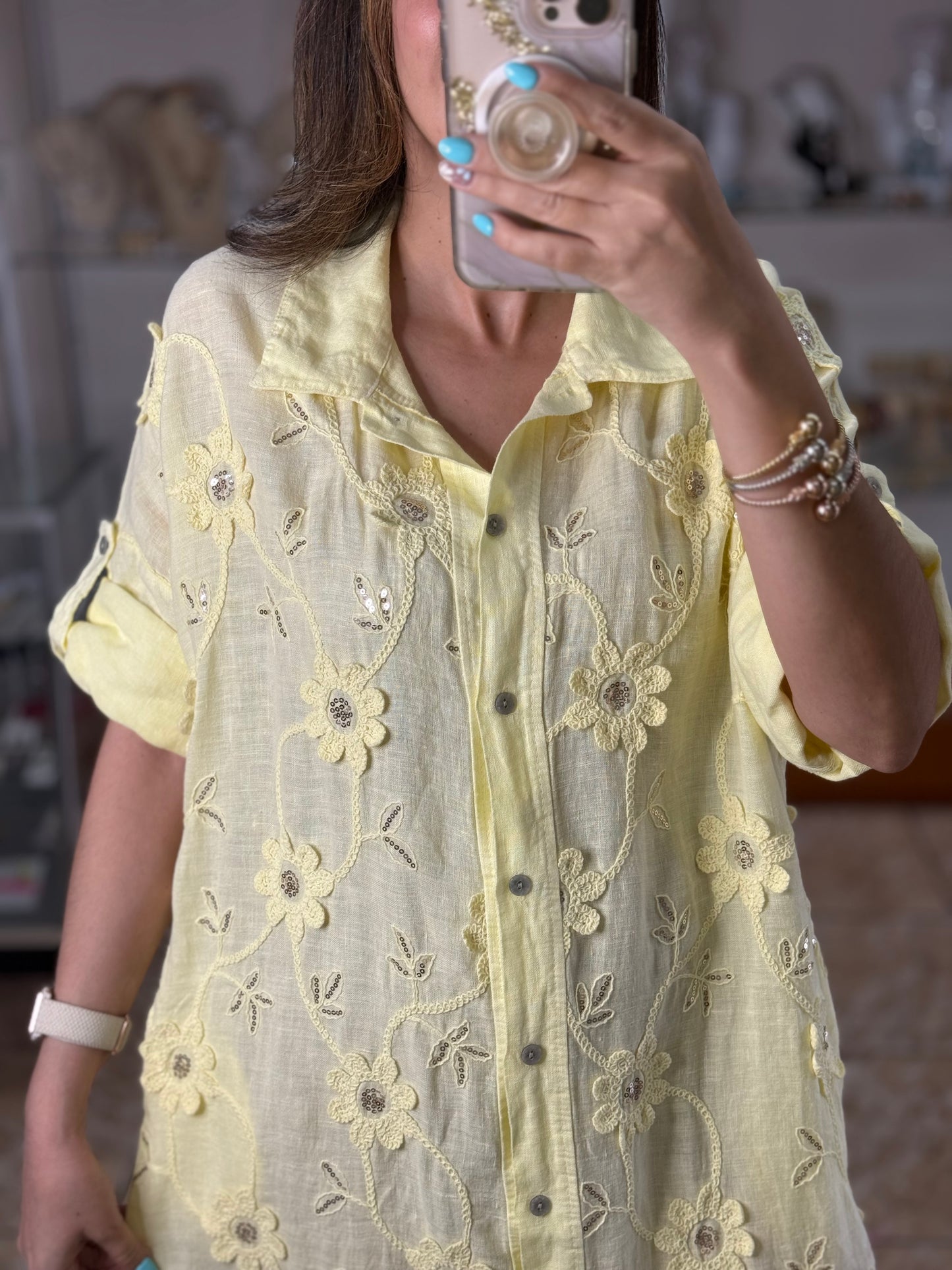 OS Embroidered/Sequins Linen Maxi Dress (NO RETURNS OR EXCHANGE)