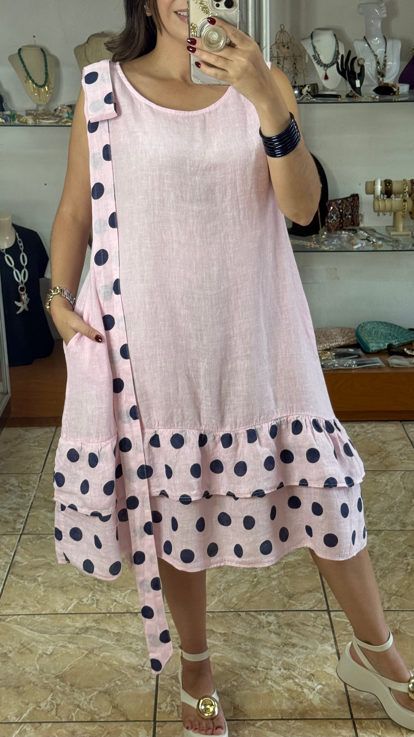 Navy Polkadots OS Linen Short Dress (NO RETURNS OR EXCHANGE)