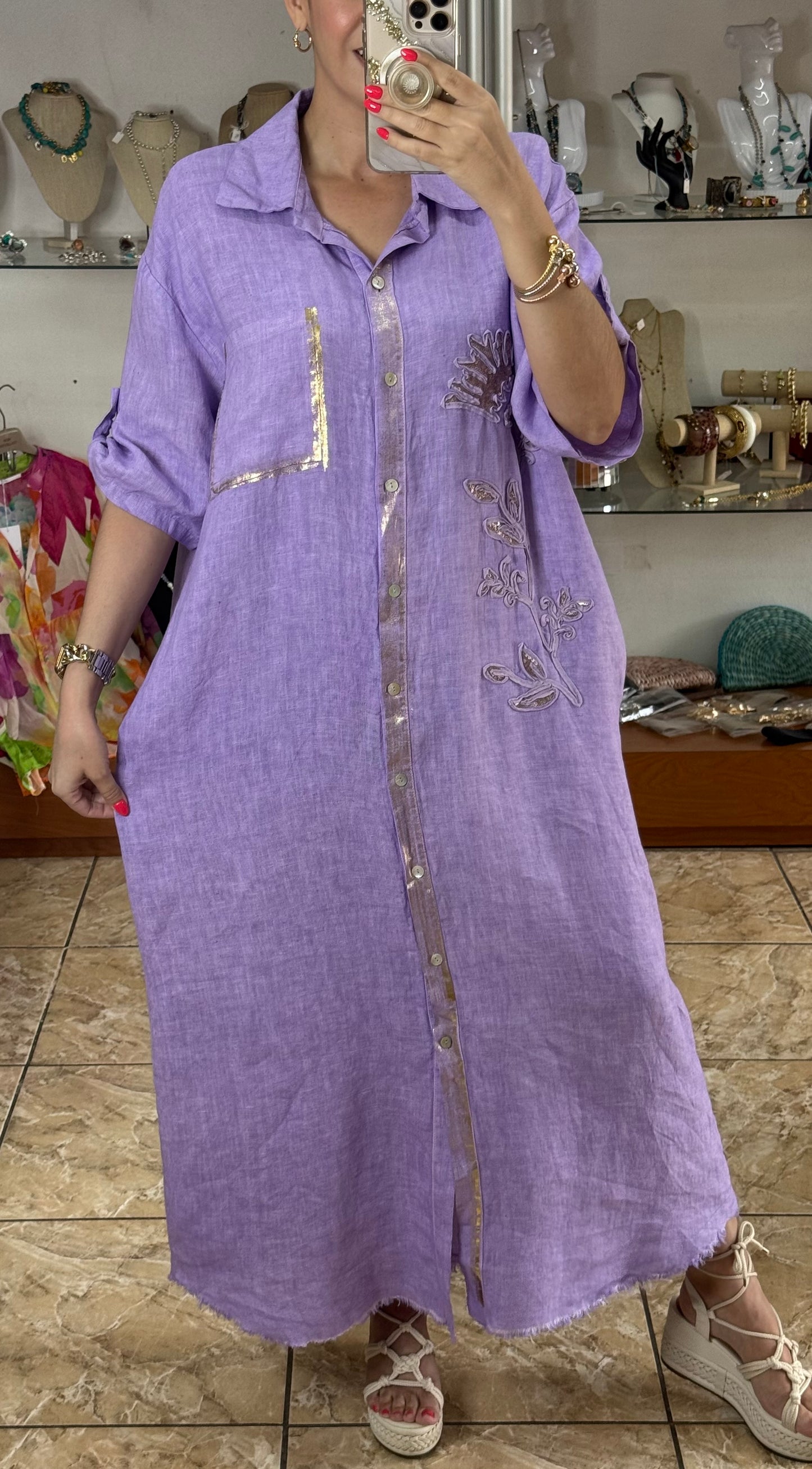 Gold Details Button Down OS Linen Maxi Dress (NO RETURNS OR EXCHANGE)