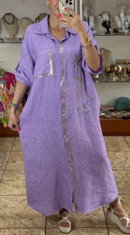 Gold Details Button Down OS Linen Maxi Dress (NO RETURNS OR EXCHANGE)