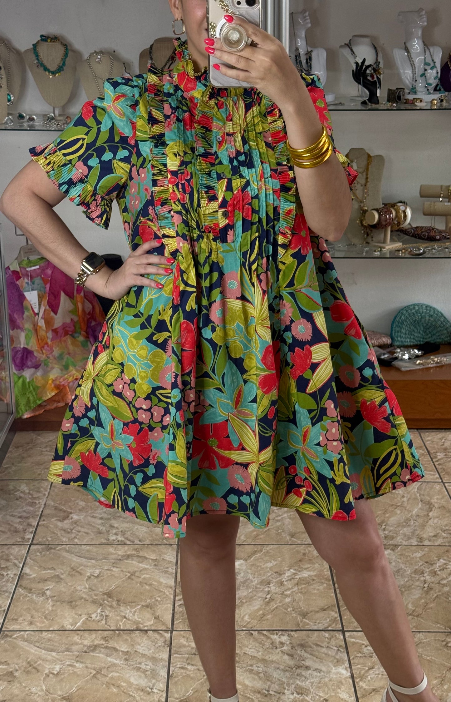 Navy/Green Floral Doll Dress