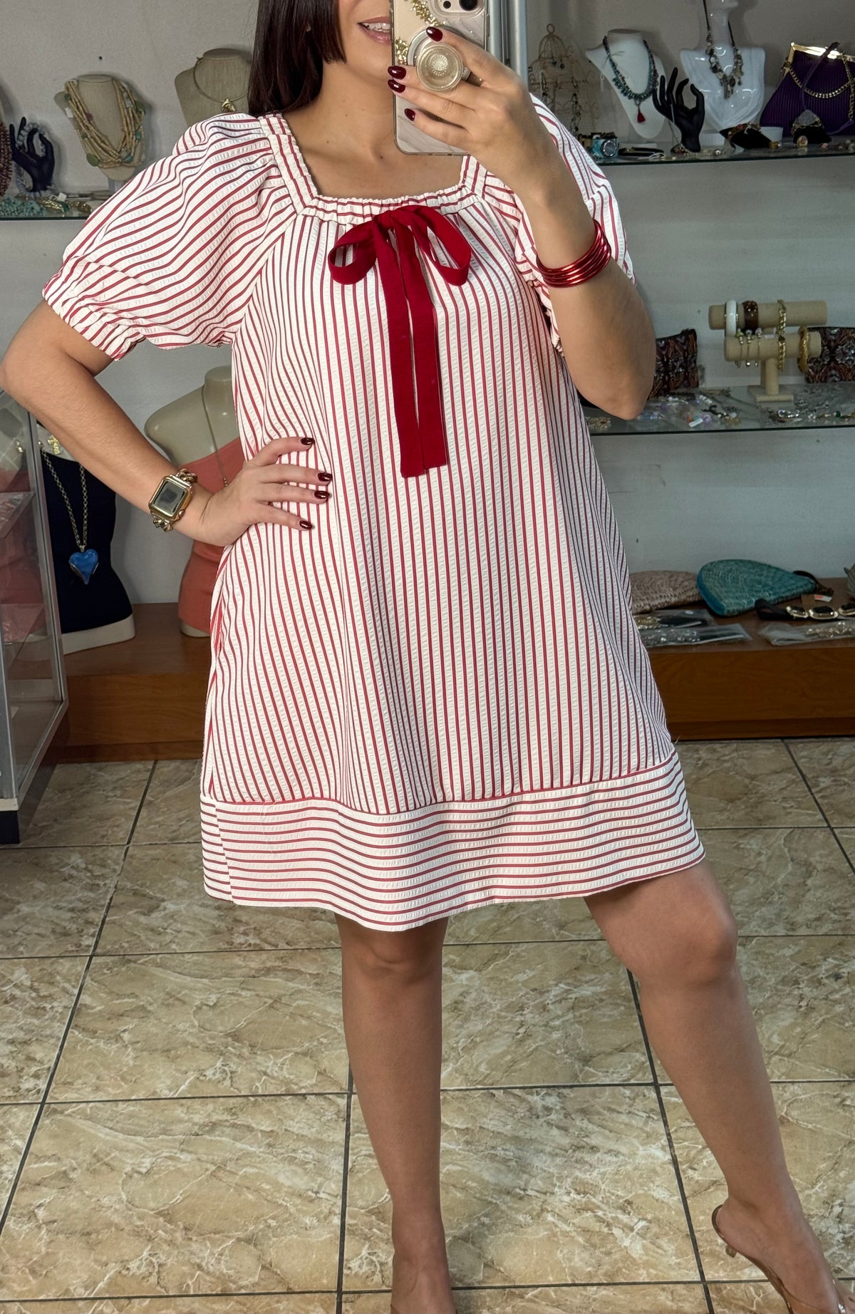 Red Bow & Stripes Mini Dress