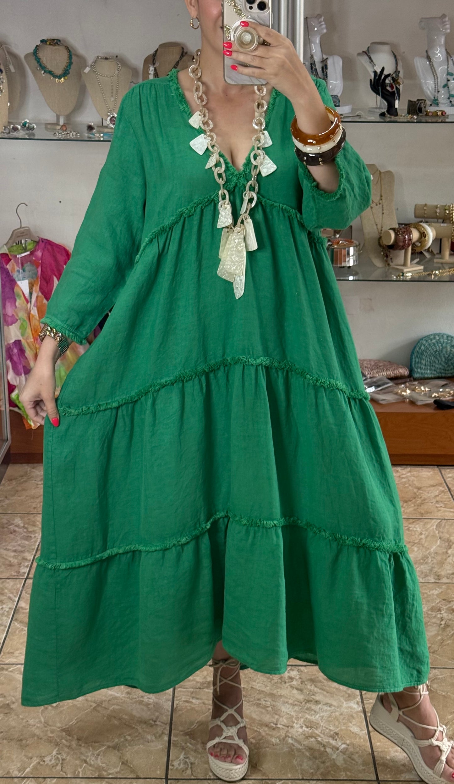 Deep V Neck OS Linen Dress (NO RETURNS OR EXCHANGE)