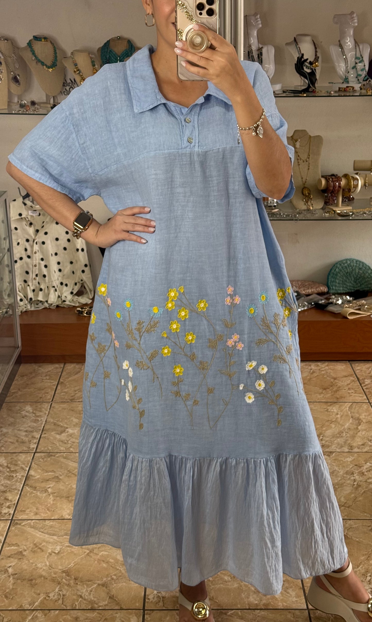 Floral Embroidered OS Linen Dress (NO RETURNS OR EXCHANGE)