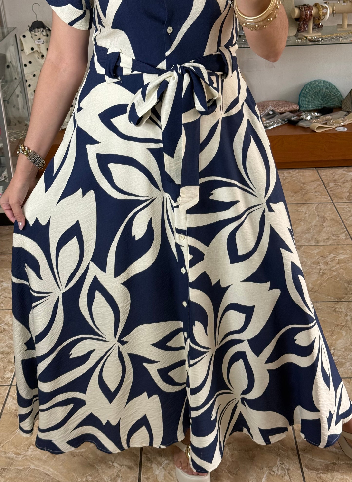Navy Floral Belted Maxi Dress