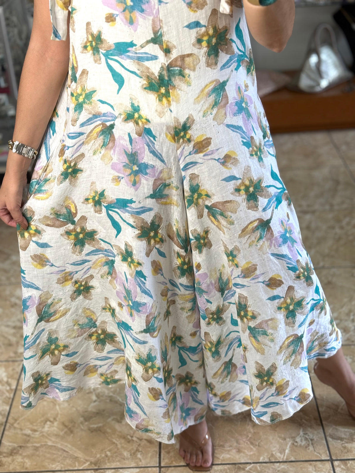 OS Pastel Floral Linen Jumpsuit (NO RETURNS OR EXCHANGE)