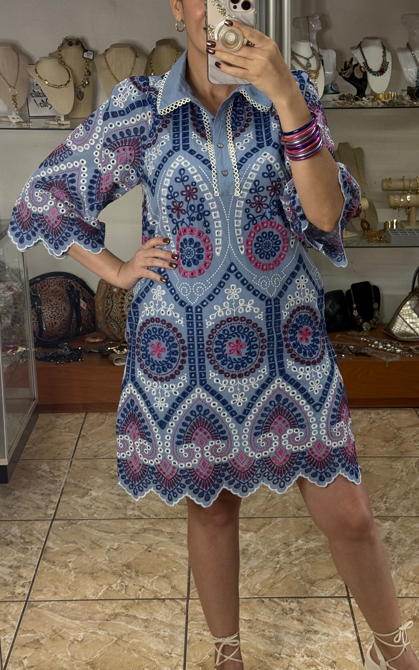 Blue Mix Embroidered Mini Dress