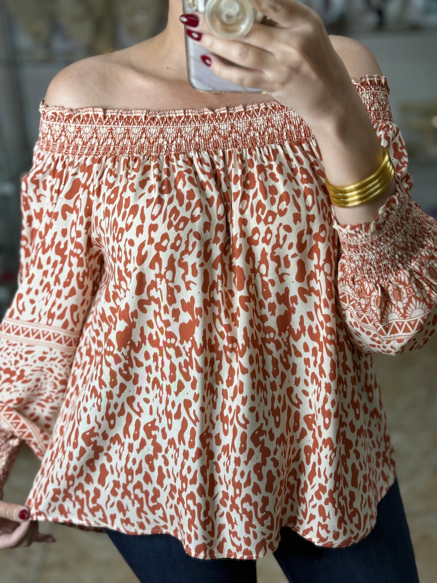 Salmon Mix Off Shoulder Top