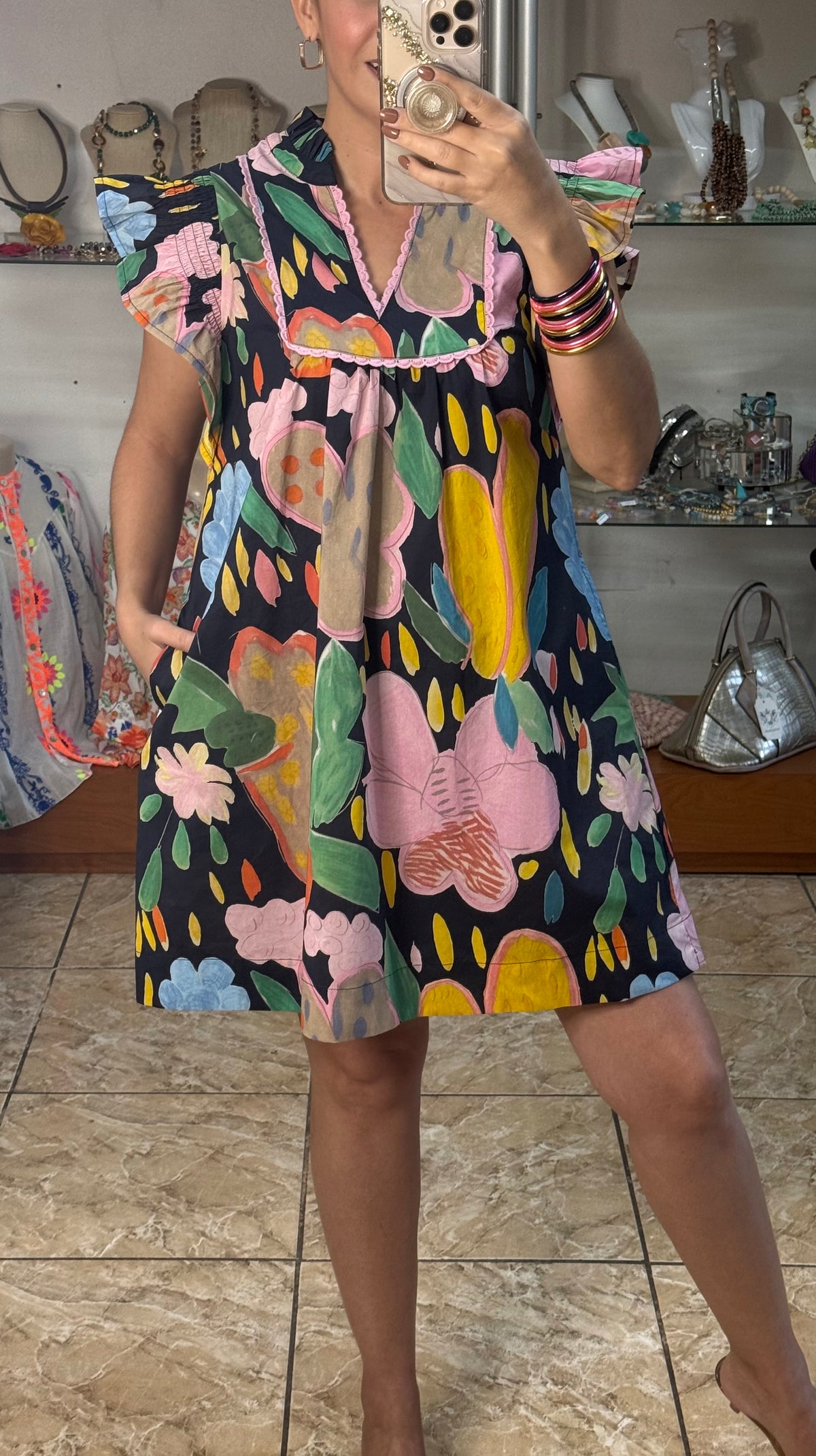 Navy Floral Flutter Sleeves Mini Dress