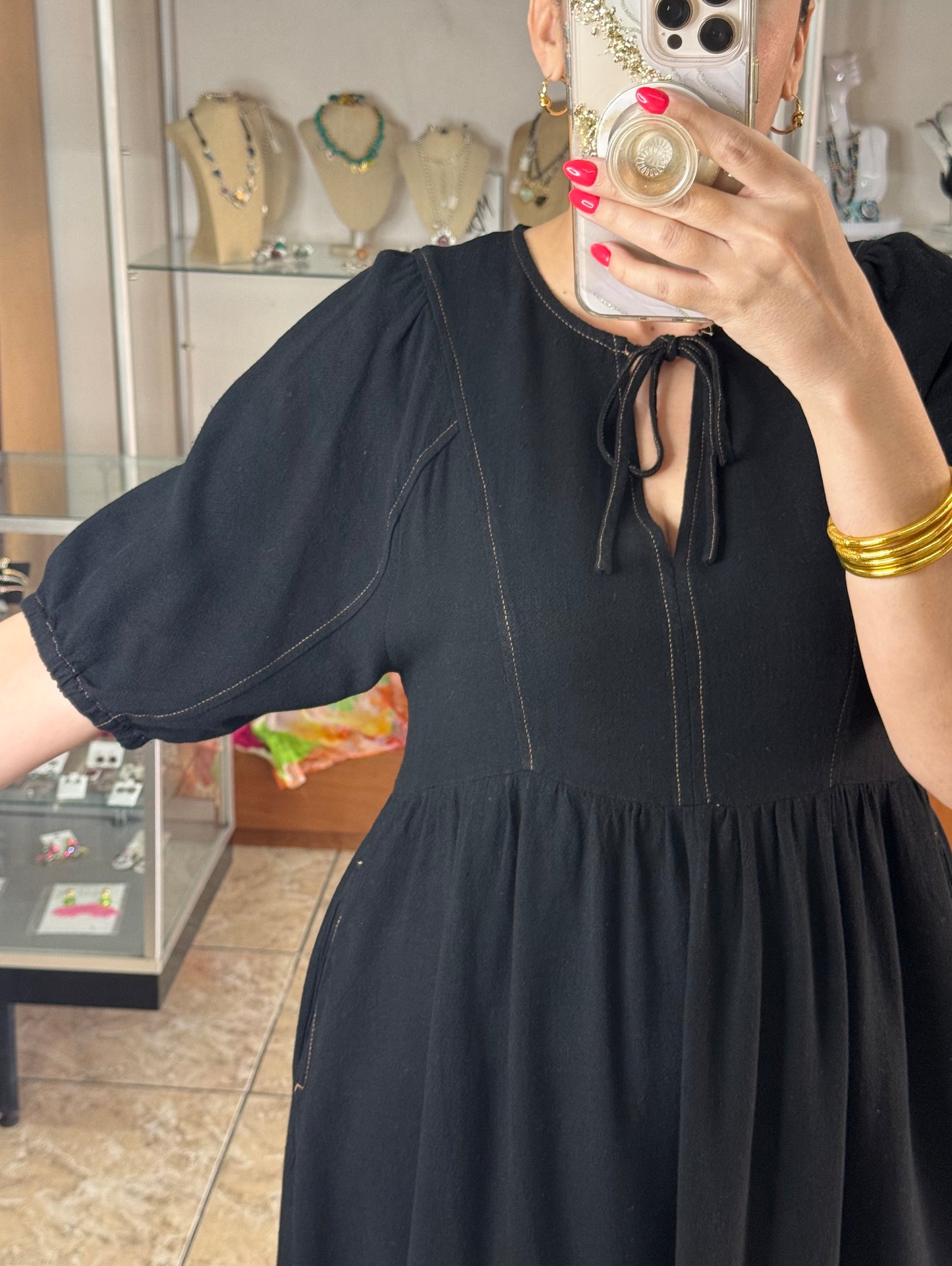 Black Linen Blend V-Neck Dress