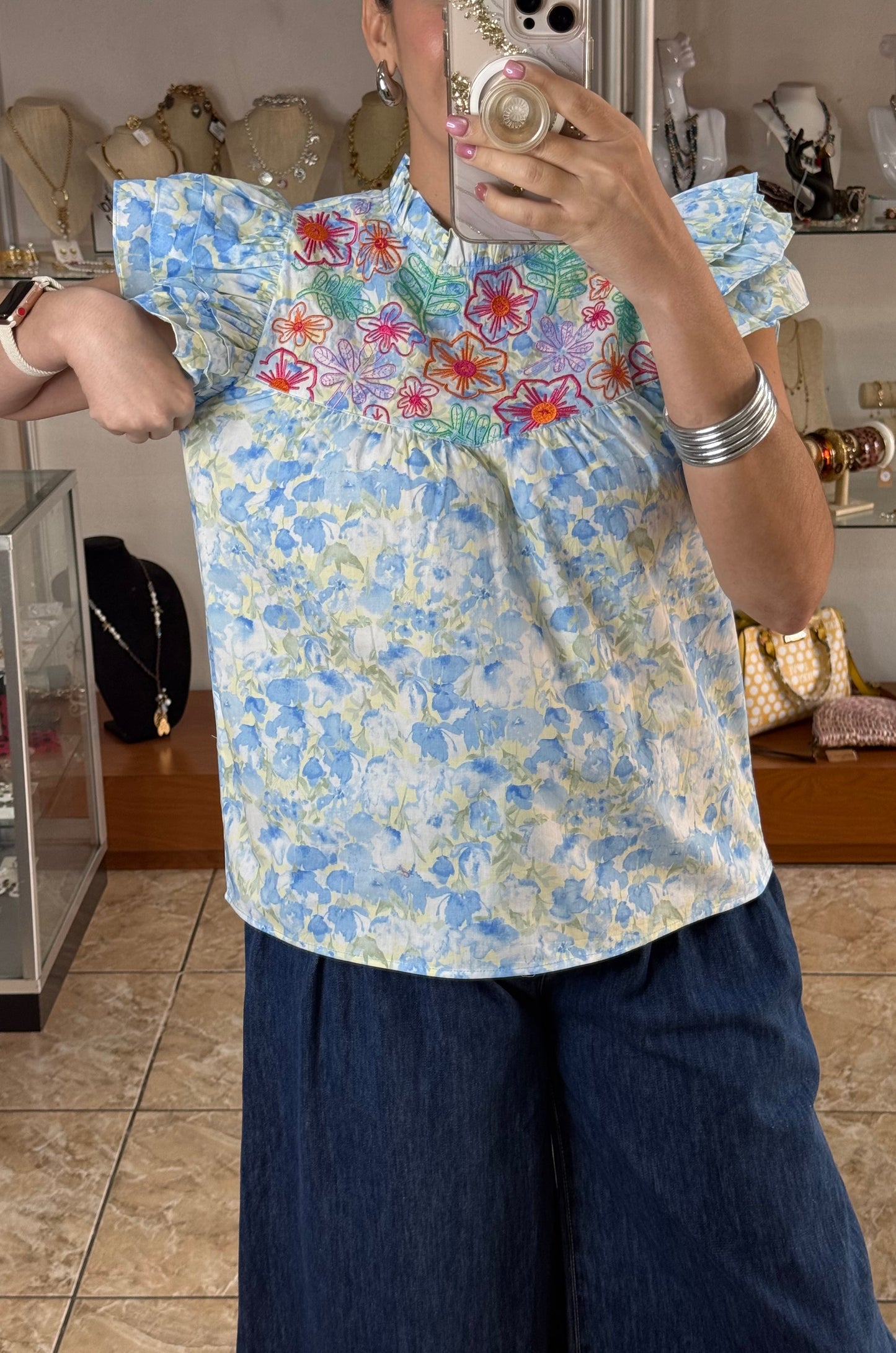 Blue Floral Embroidered Top