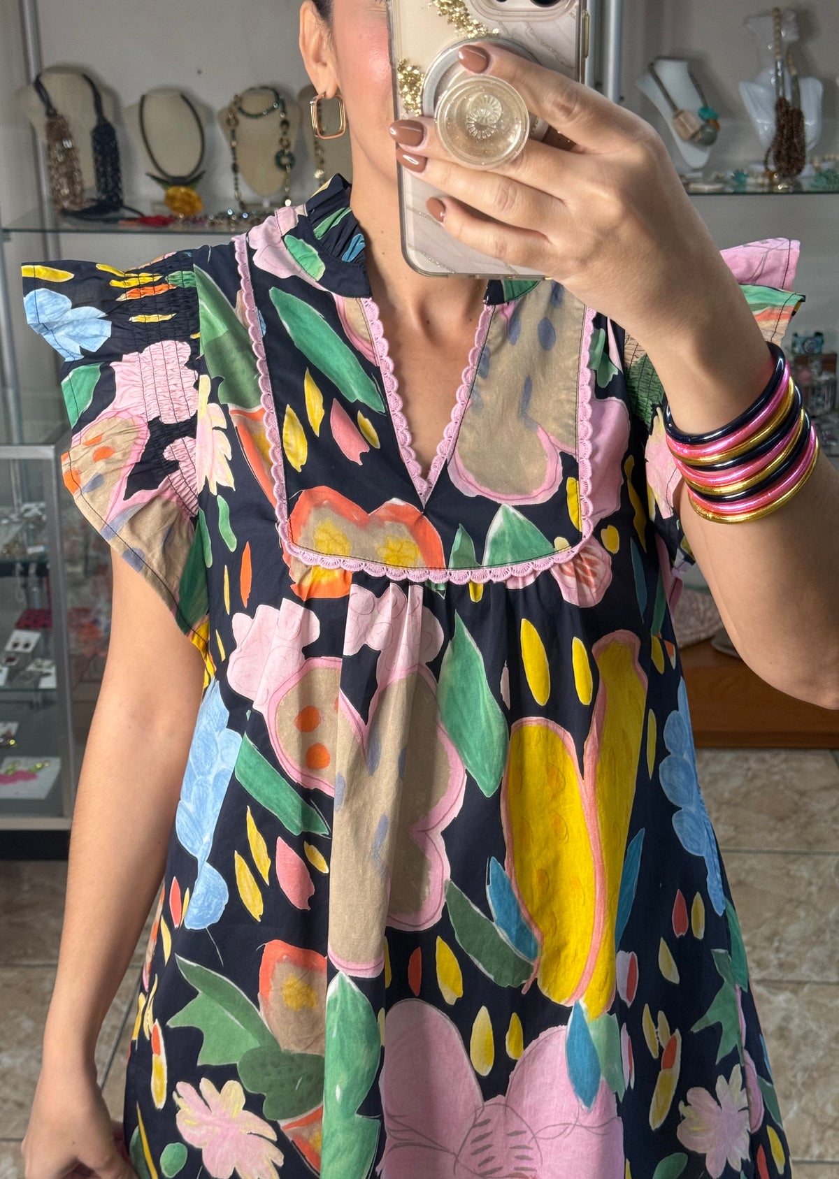 Navy Floral Flutter Sleeves Mini Dress