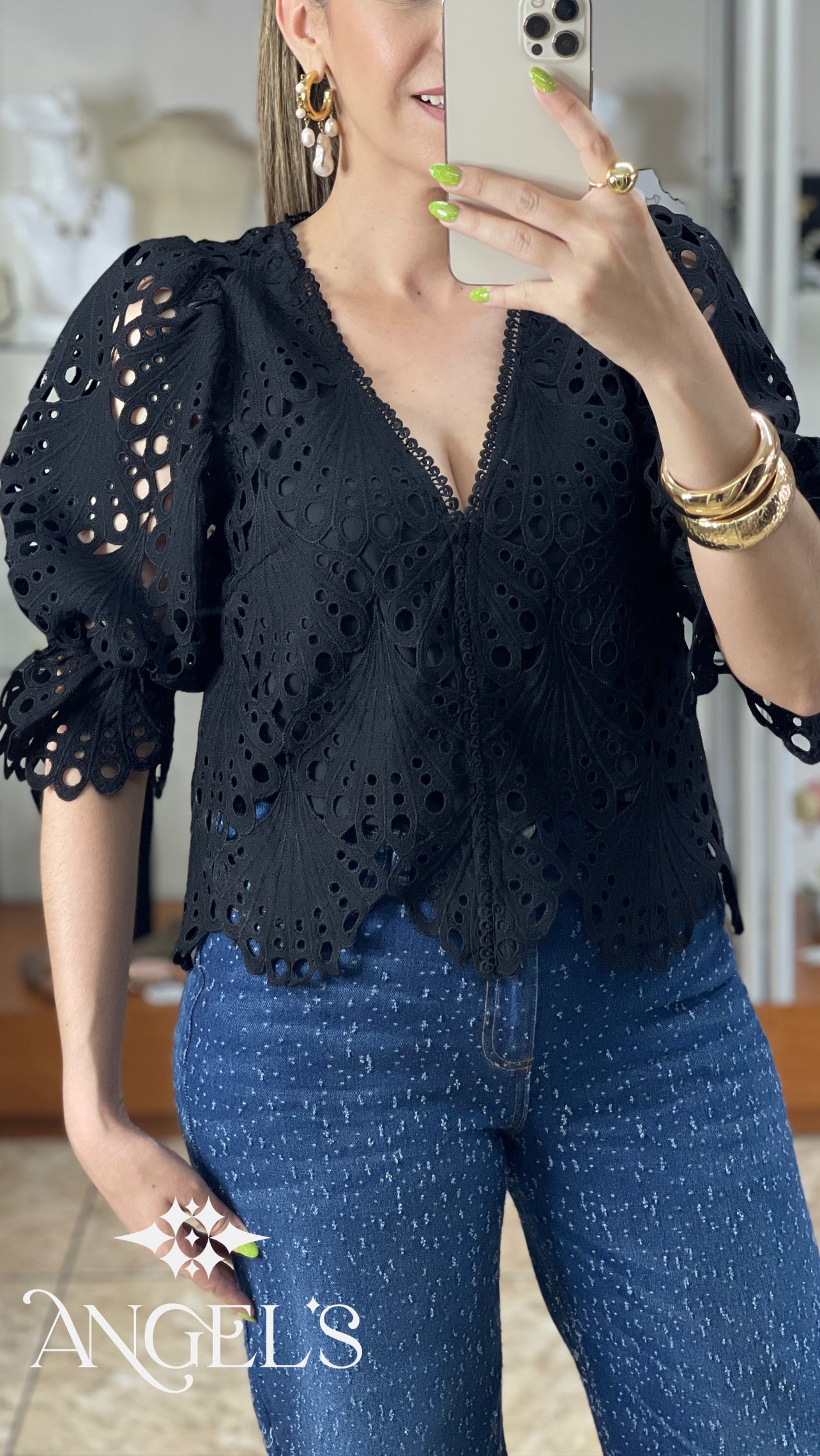 Puffy Sleeves Eyelet Top