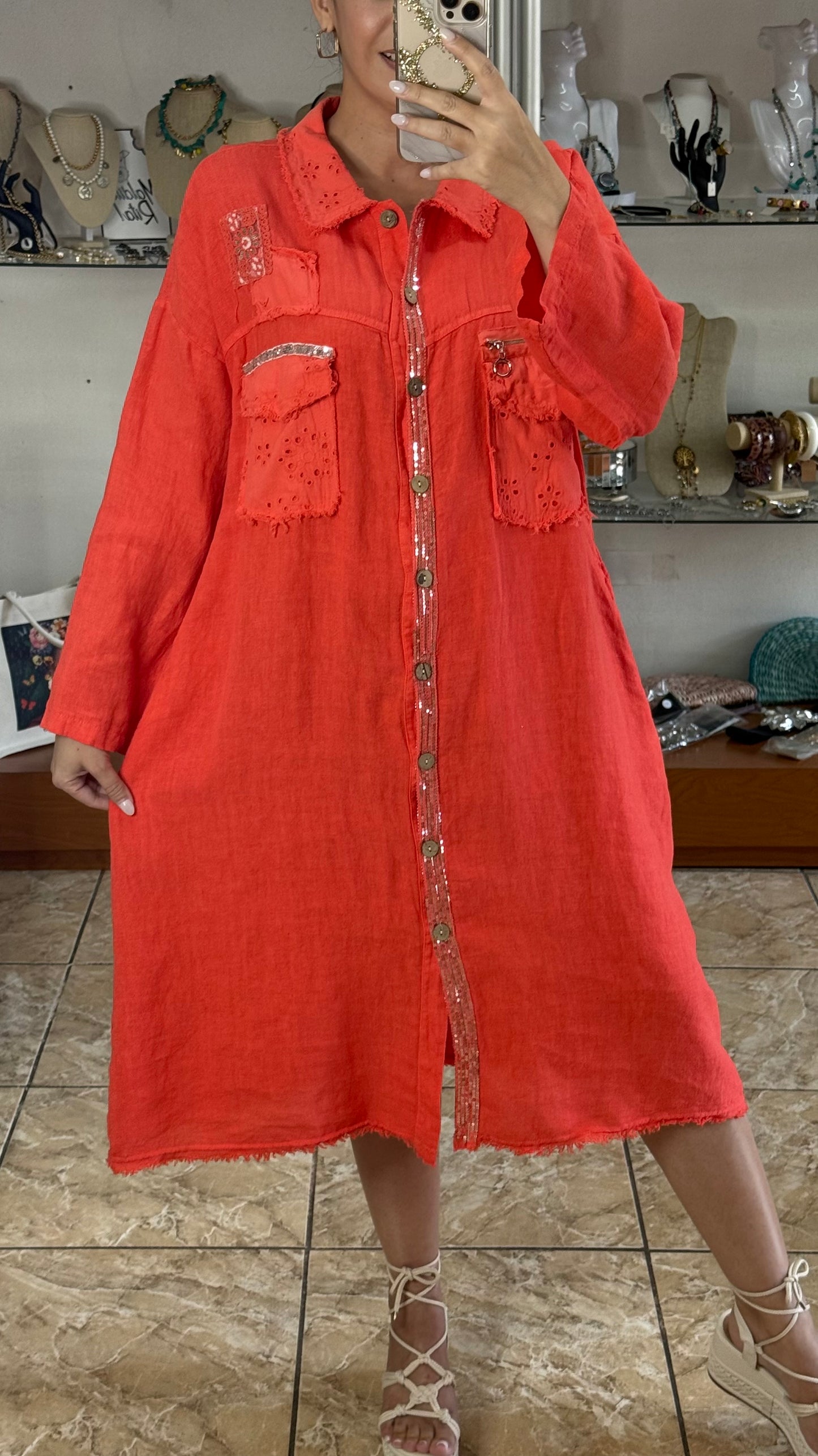 Long Sleeves OS Linen Midi Dress (NO RETURNS OR EXCHANGE)