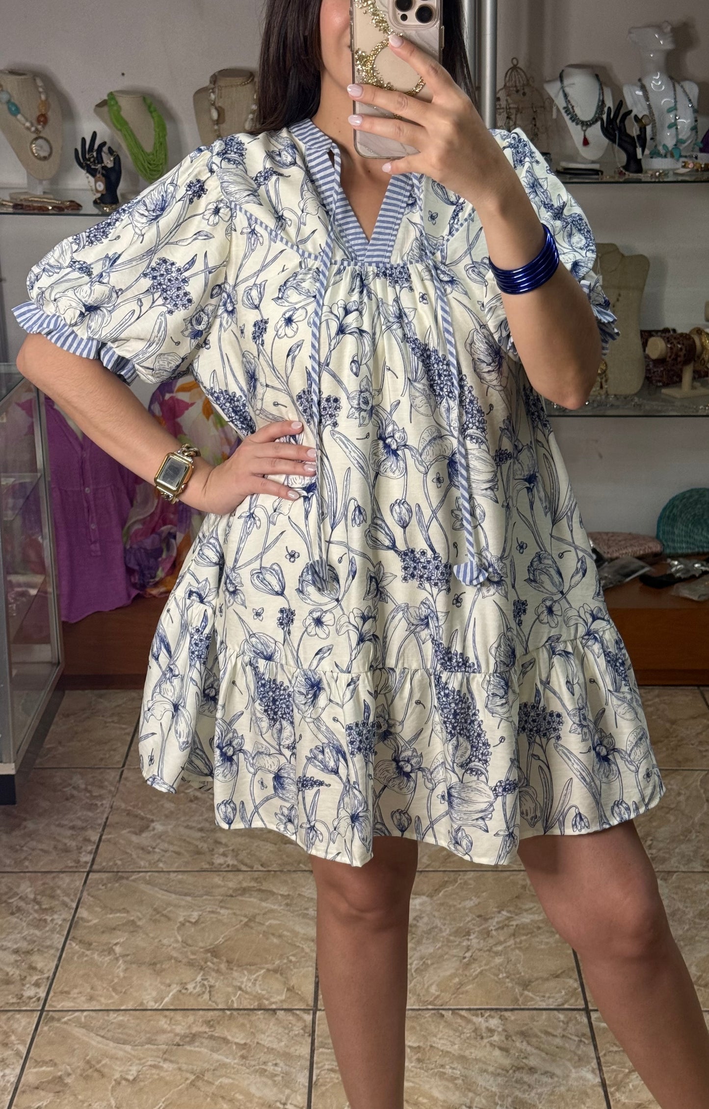Blue Mix Floral Print Mini Dress
