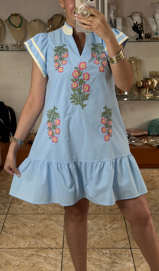Sky Blue Floral Embroidered Mini Dress