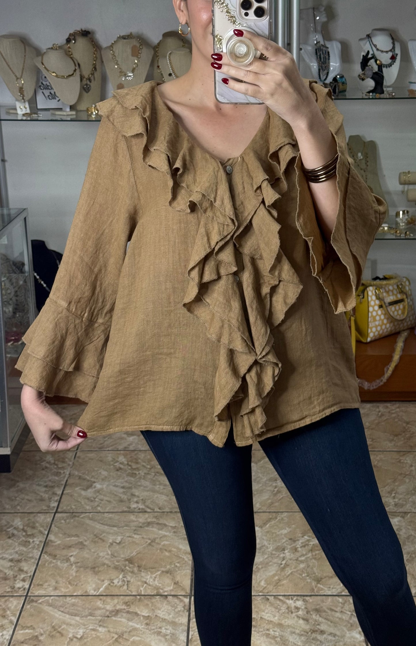 OS Long Sleeve Ruffled Linen Top (FINAL SALE)