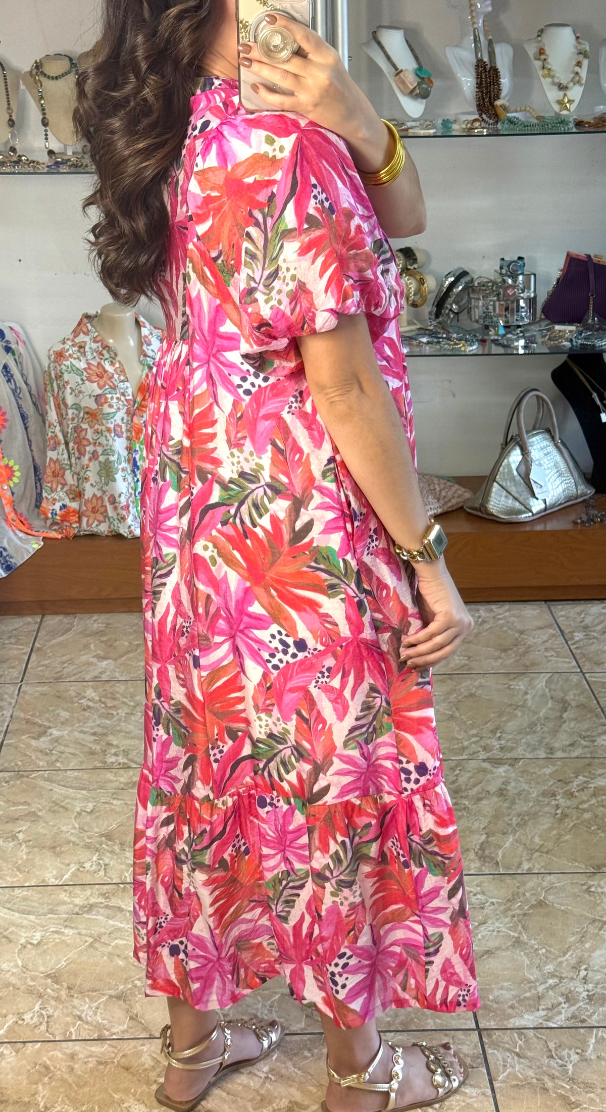 Hot Pink Tropical Midi Dress