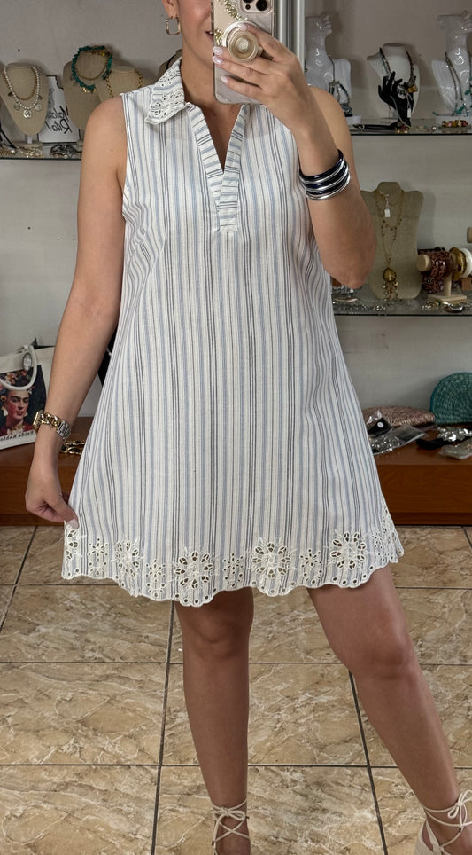 Blue Stripes Embroidered Details Dress