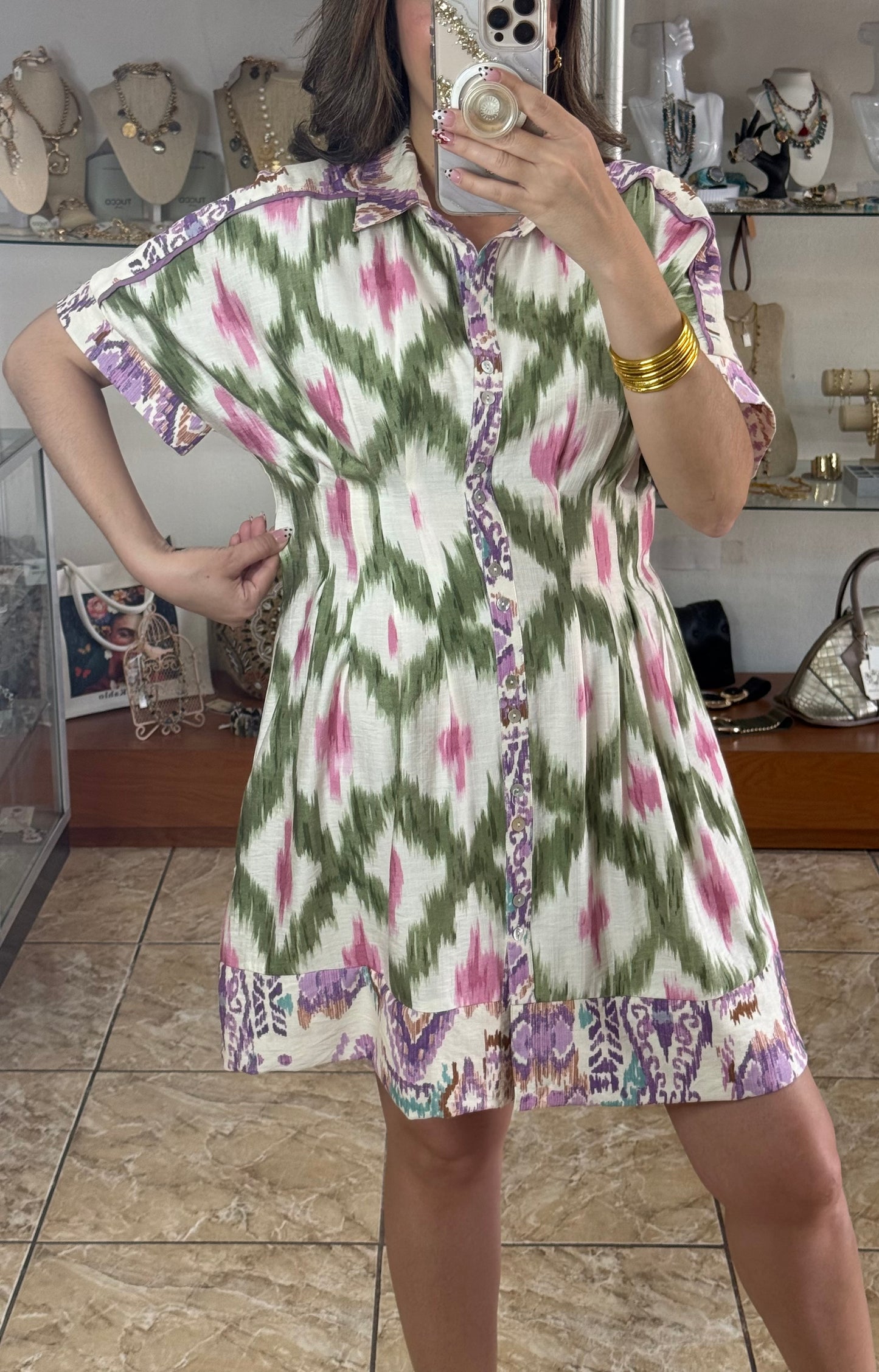 Olive Mix Button Down Dress