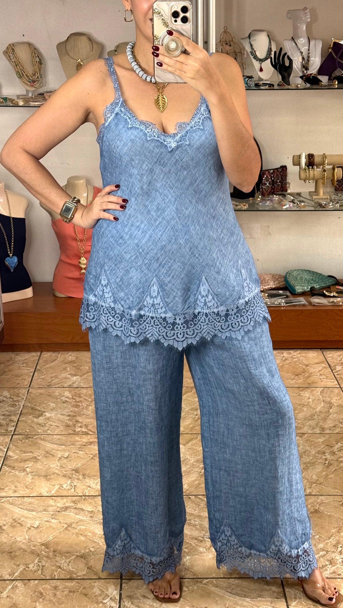 Linen/Lace Top & Pant OS Set (NO RETURNS OR EXCHANGE)