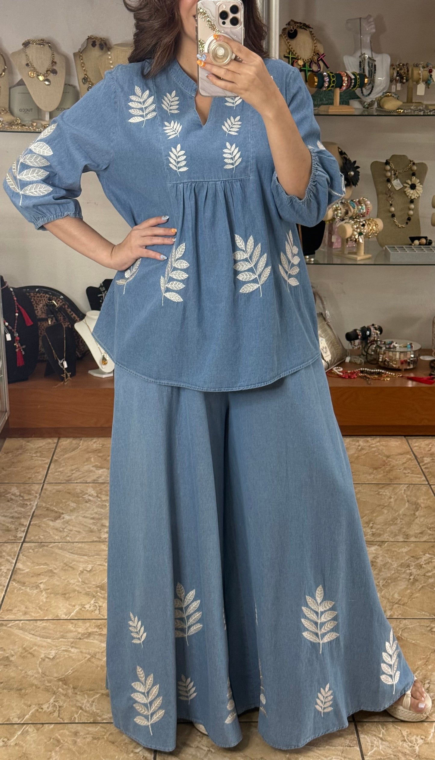 Embroidered Denim OS Top and Pant Set (FINAL SALE)