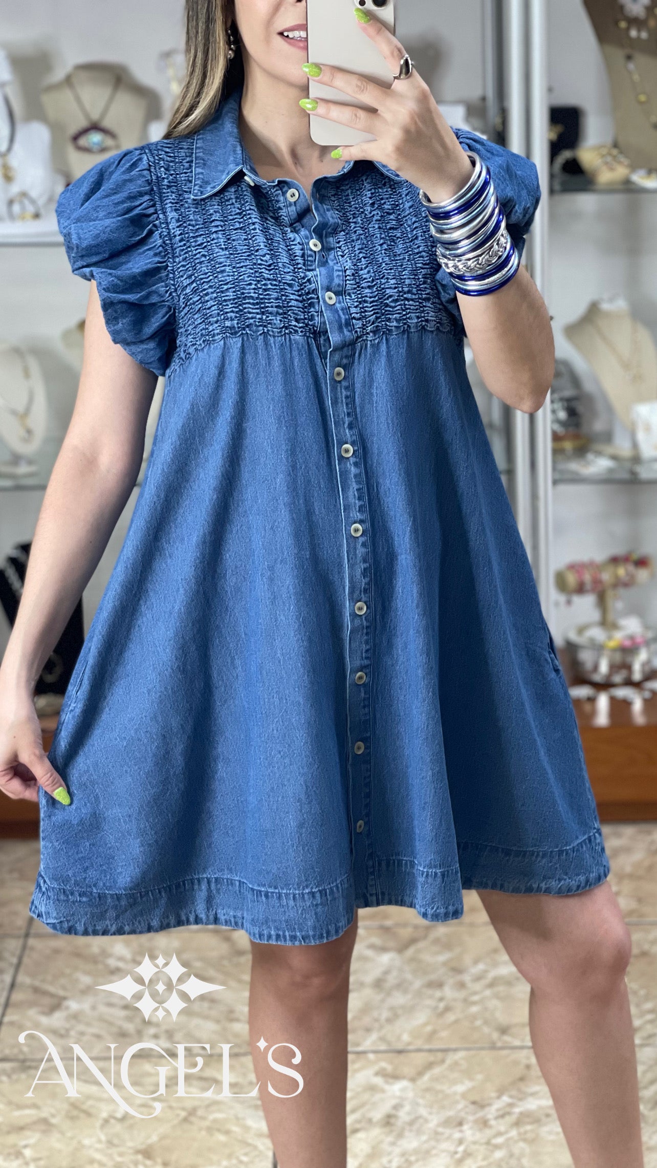 Button Down Ruffle Sleeve Denim Dress