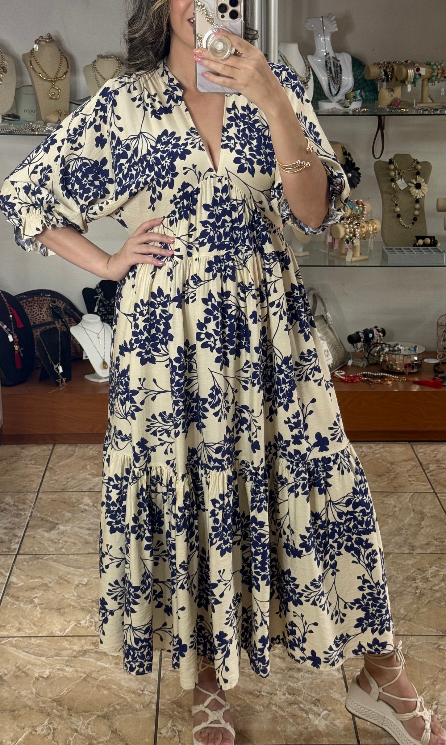 Cream/Navy Floral Maxi Dress