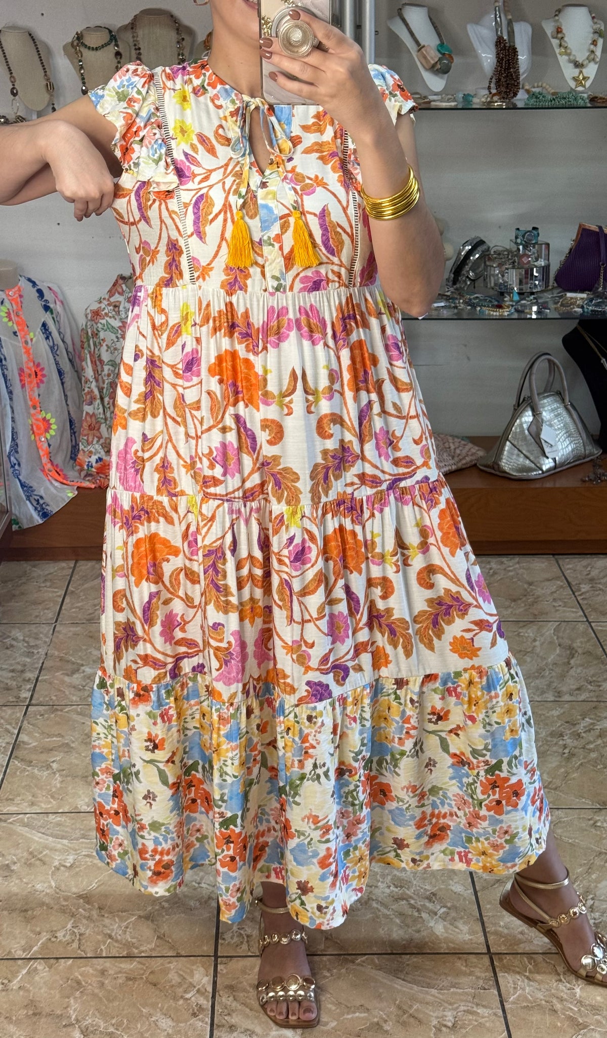 Orange Mix Floral Midi Dress