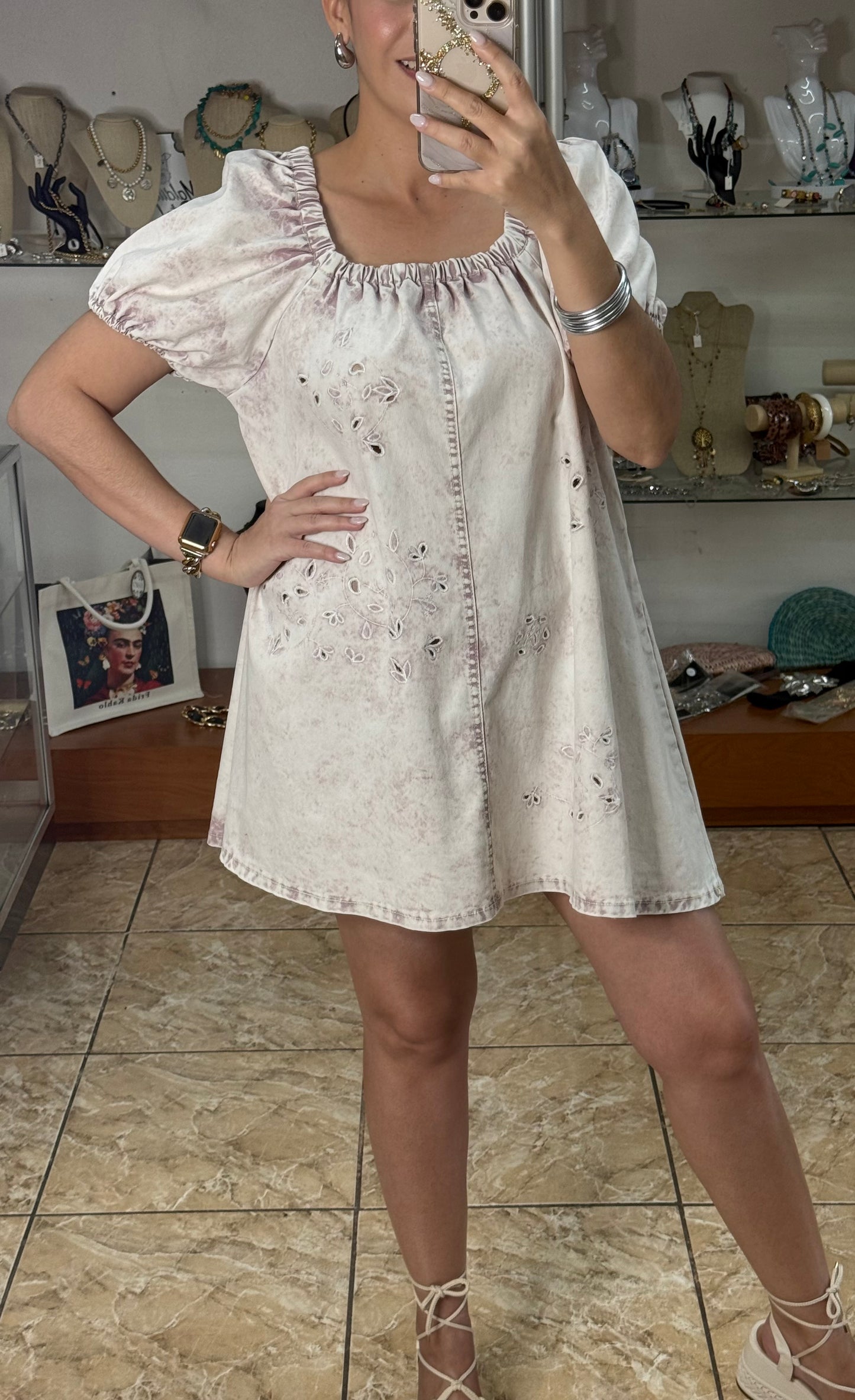 Eyelet Denim Wash Mini Dress