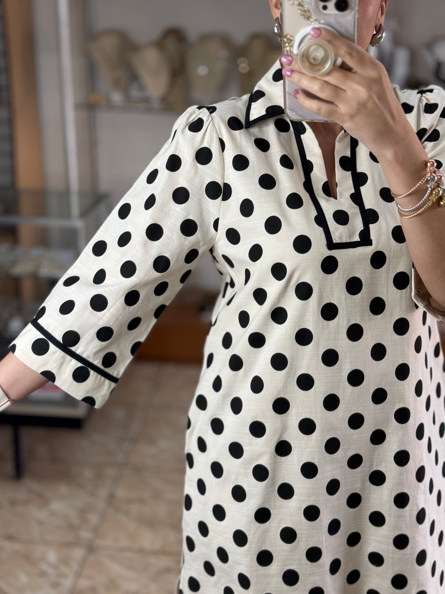 Black/Cream Polkadots Mini Dress