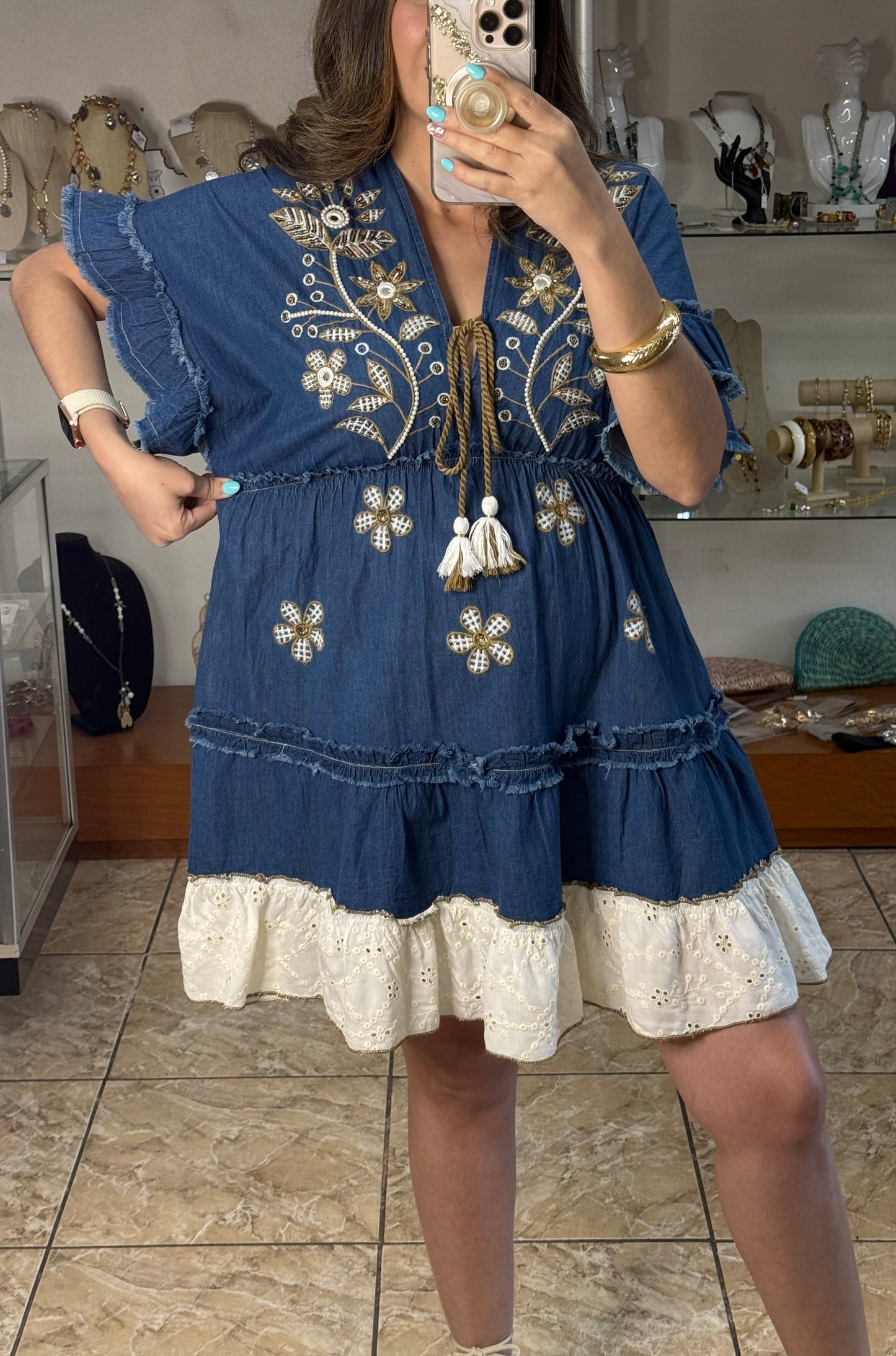 OS Short Embroidered Denim Dress (NO RETURNS OR EXCHANGE)