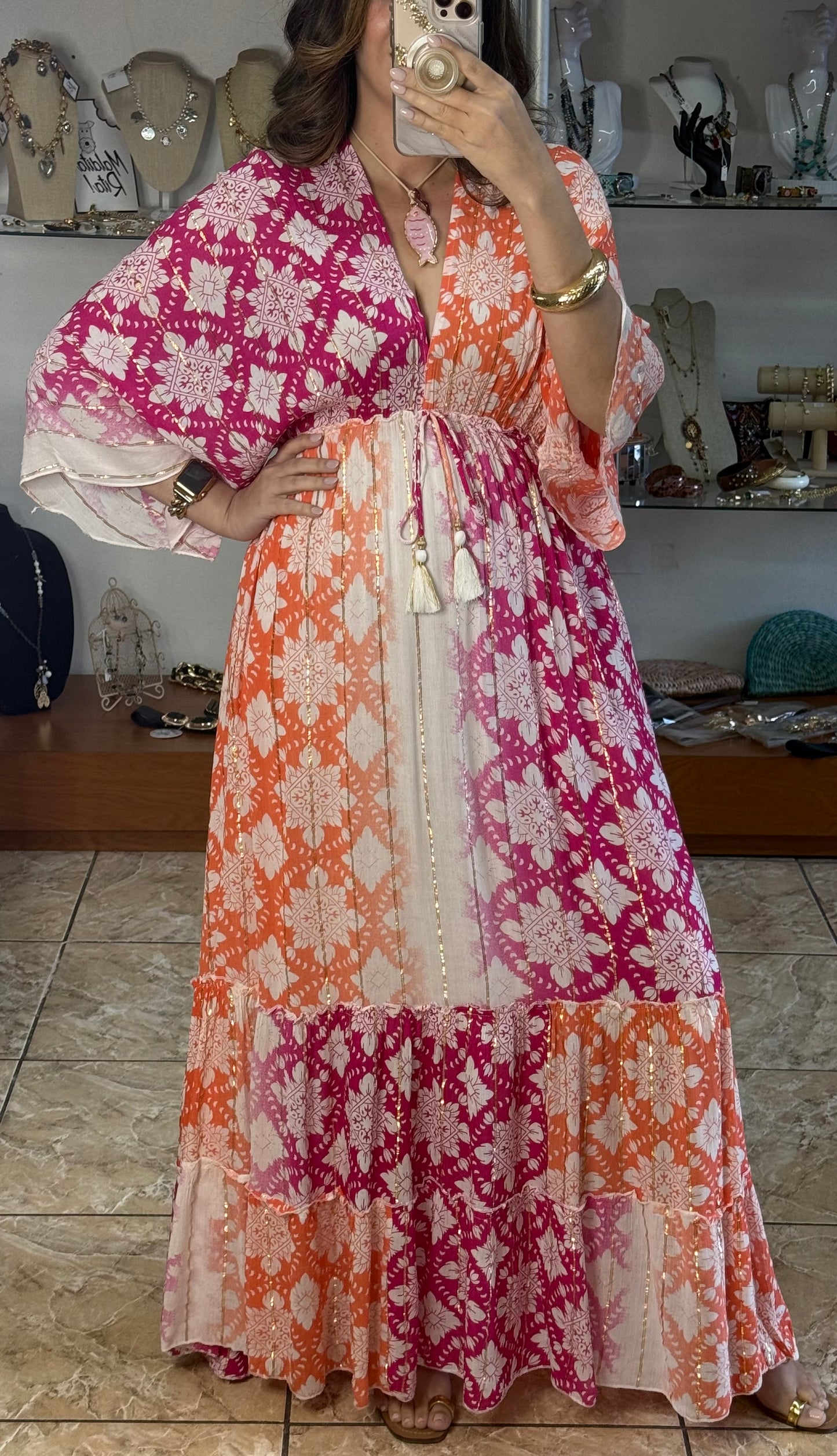 Pink/Orange OS Boho Maxi Dress (NO RETURNS OR EXCHANGE)