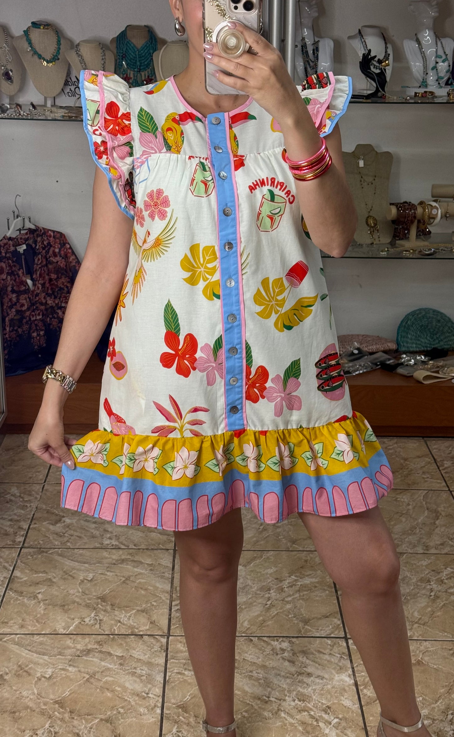 Flutter Sleeves Tropical Mini Dress