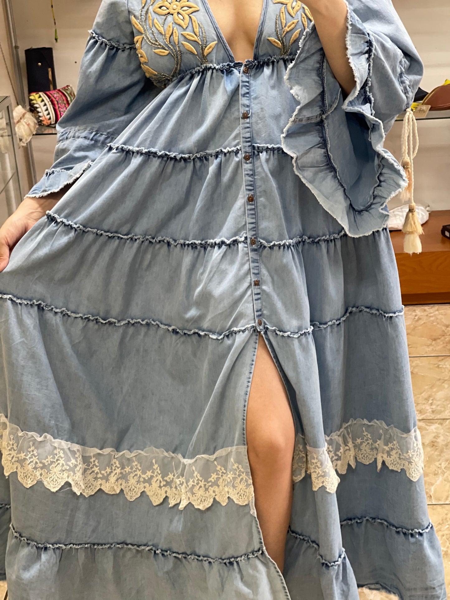 Deep V Neck Maxi Denim Dress