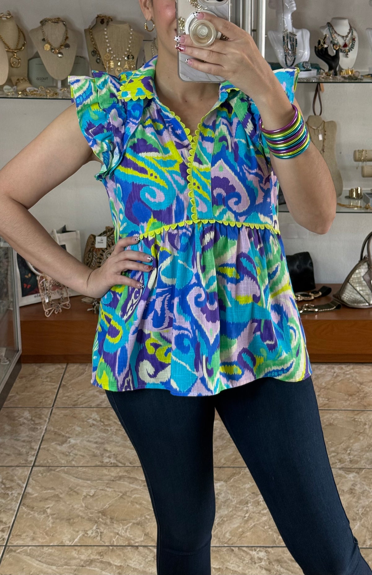 Blue/Neon Ruffle Sleeves Top (ONLINE EXCLUSIVE)