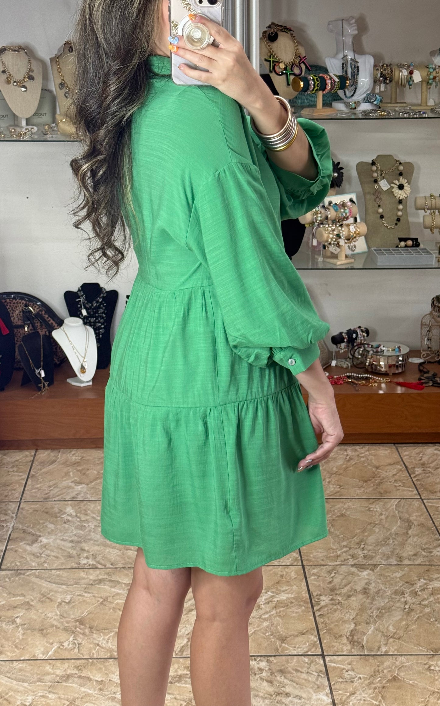Long Sleeves Green Doll Dress