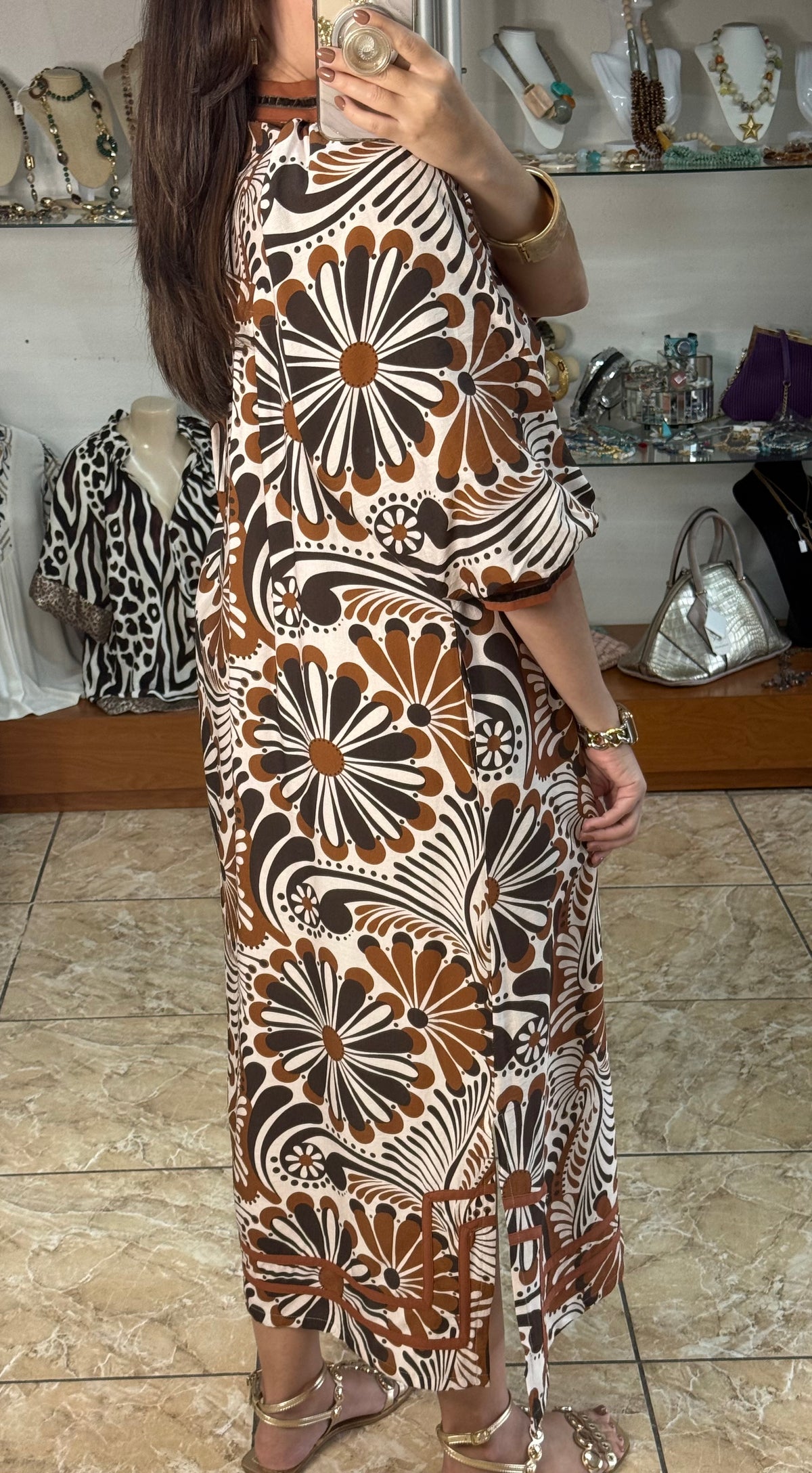 Brown Mix Abstract Print Midi Dress