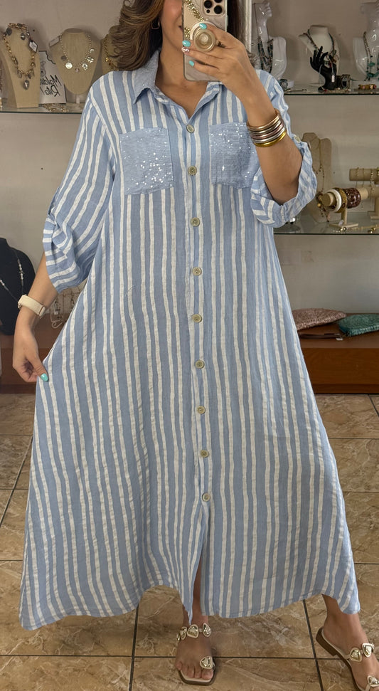 Stripes Button Down OS Linen Maxi Dress (NO RETURNS OR EXCHANGE)