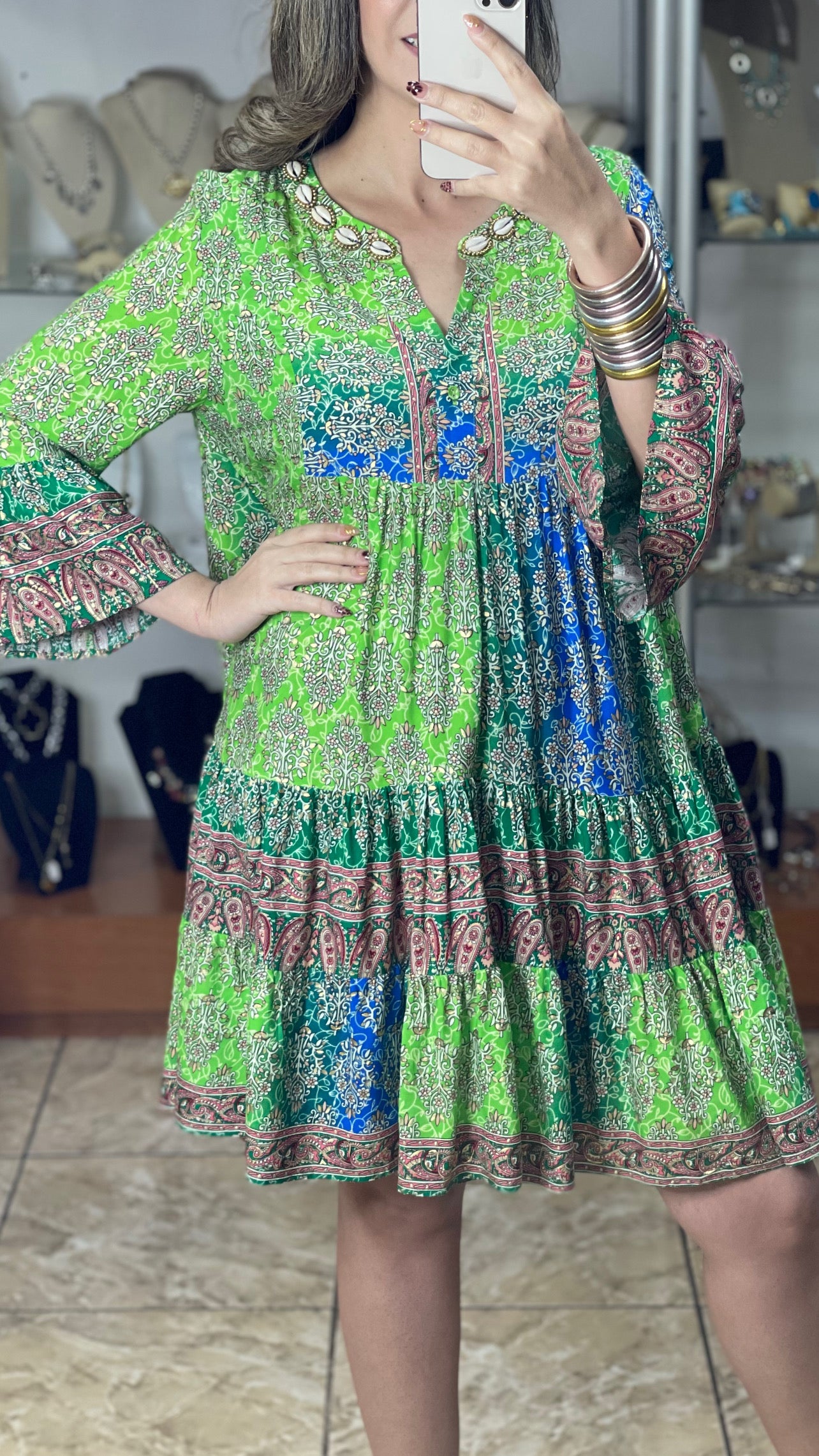 Green/Blue/Gold Short Boho Dress