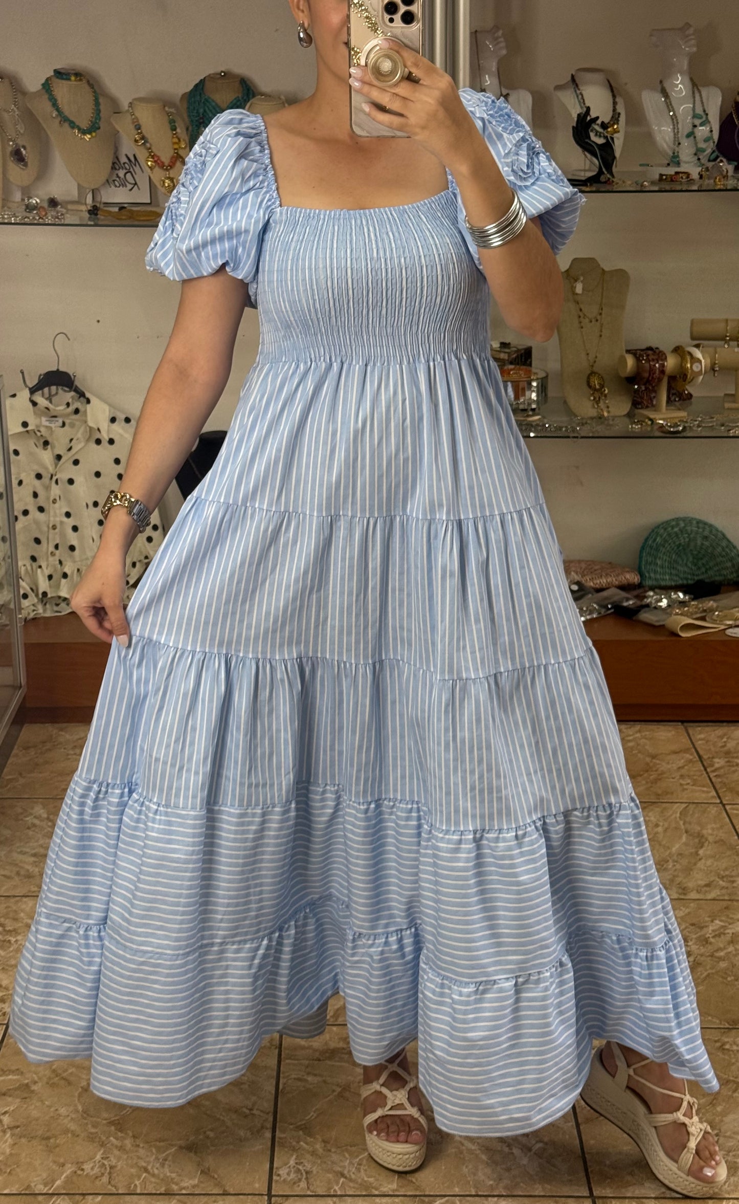 Puff Sleeves Striped OS Maxi Dress (NO RETURNS OR EXCHANGE)